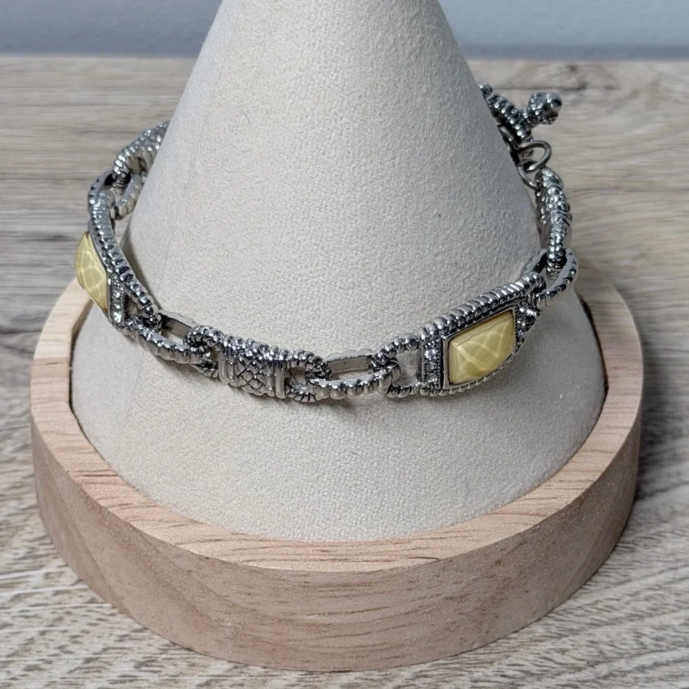 Silver Tone Chain Link Bracelet Yellow Stone Glam Retro‎ Luxe Statement Jewelry